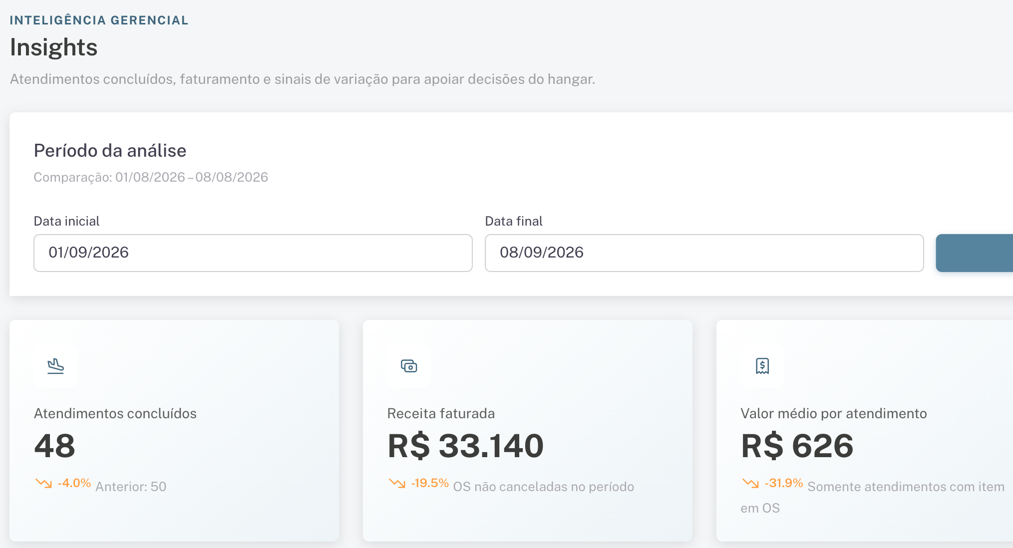 Tela de Insights do EasyHangar