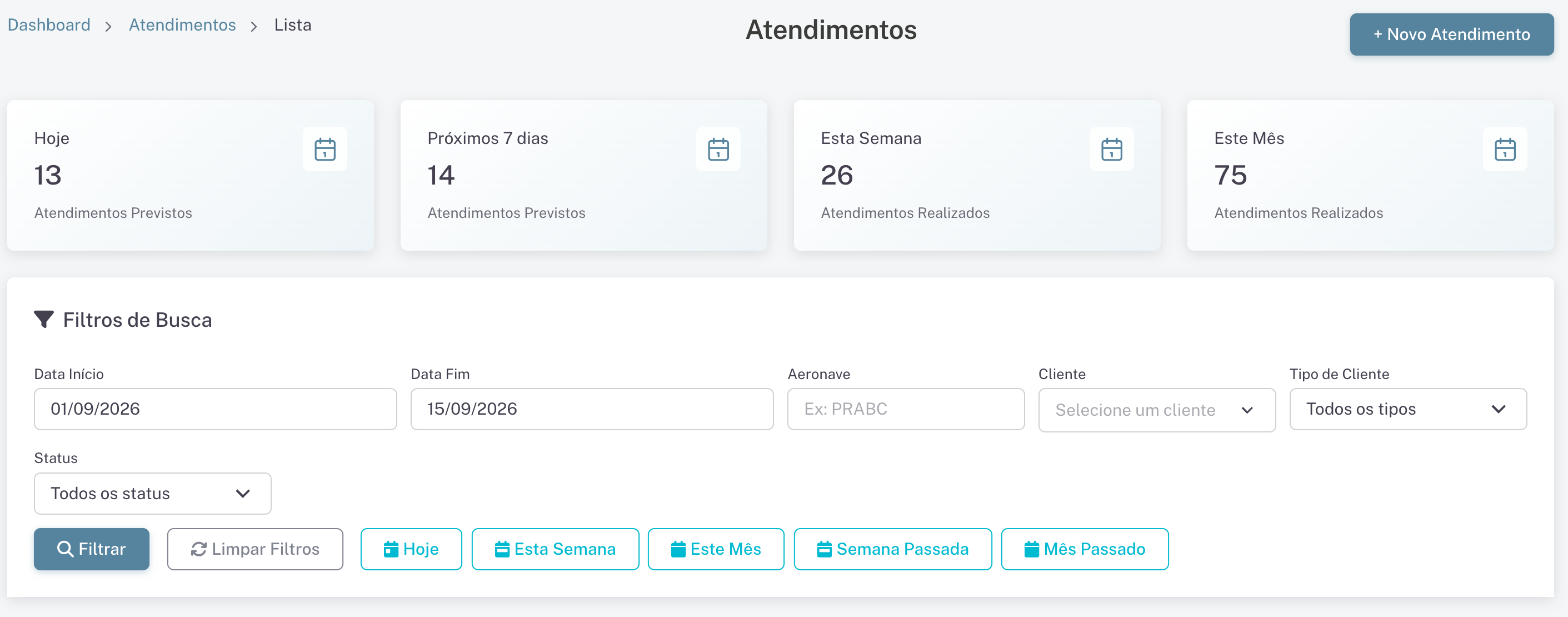 Tela de atendimentos do EasyHangar